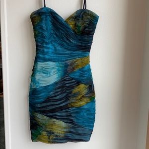 BCBG MaxAzria | Ruched watercolor strapless dress